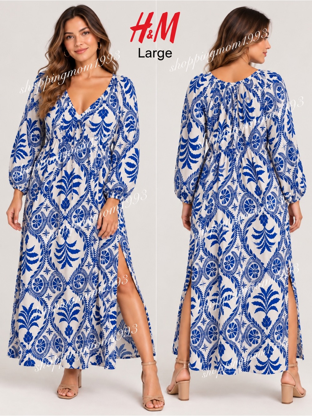 H&M Large Blue White Botanical Print V-Neck Maxi Dress Side Slits Viscose